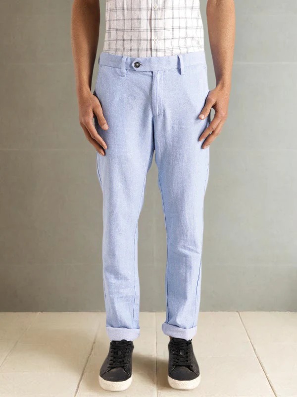 Indian Terrain Men's Slim Fit Solid Blue Trousers